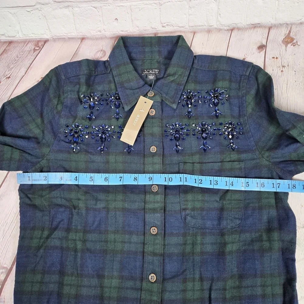 J. Crew Embellished shrunken button-up shirt tartan brushed cotton oxford 4 NWT‎